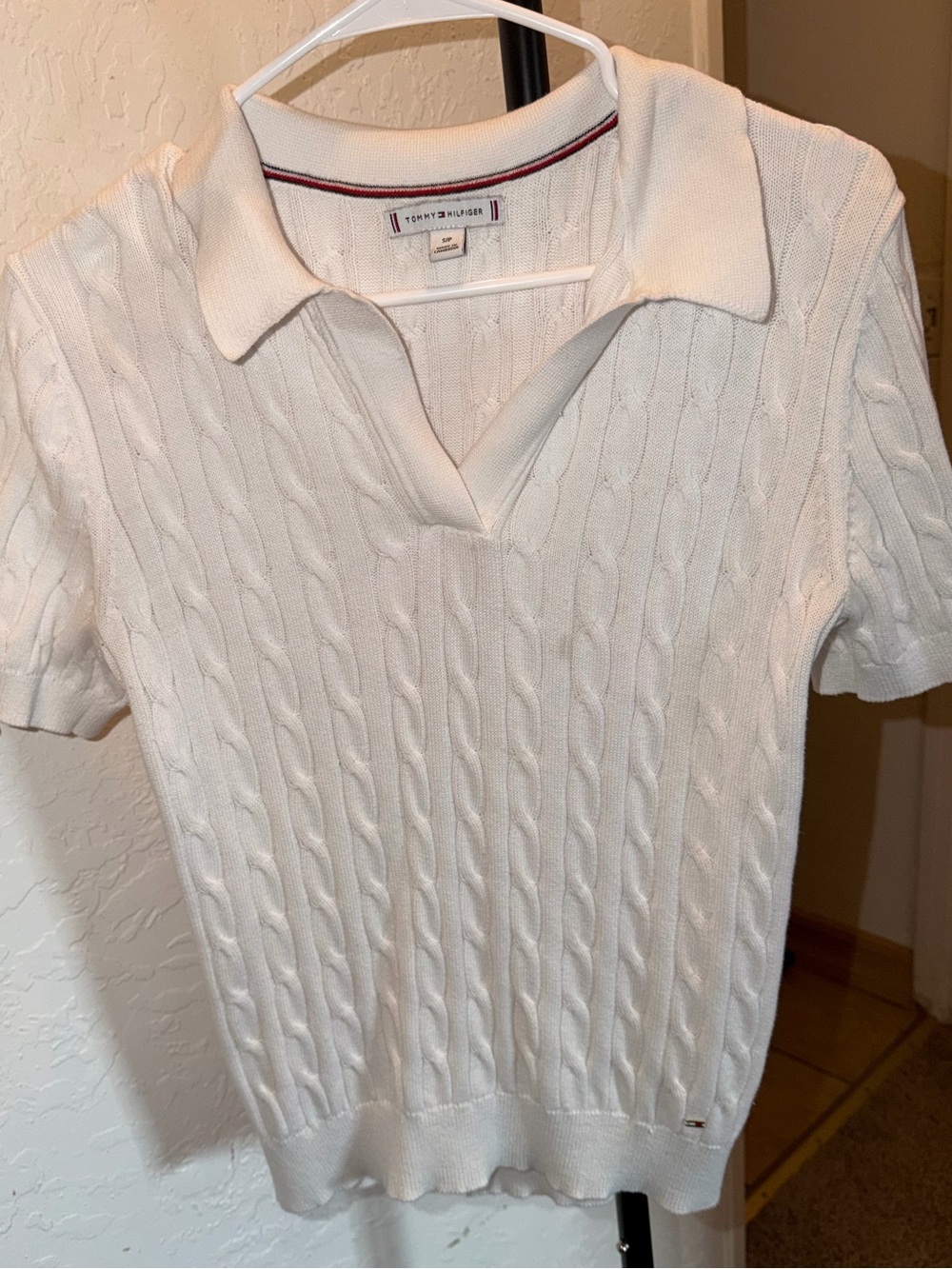 Tommy Hilfiger Cream Cable-Knit V-Neck Polo Sweater